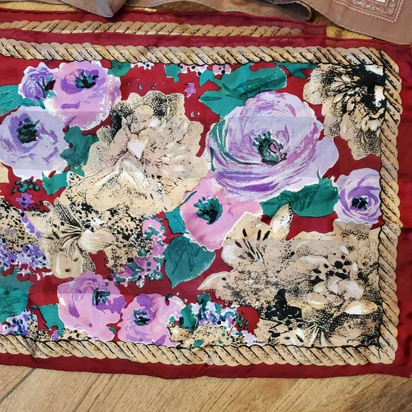 Vintage Oscar de la Renta Scarf, Floral, Silk, Rectangular, Red Purple Flowers - Picture 3 of 4